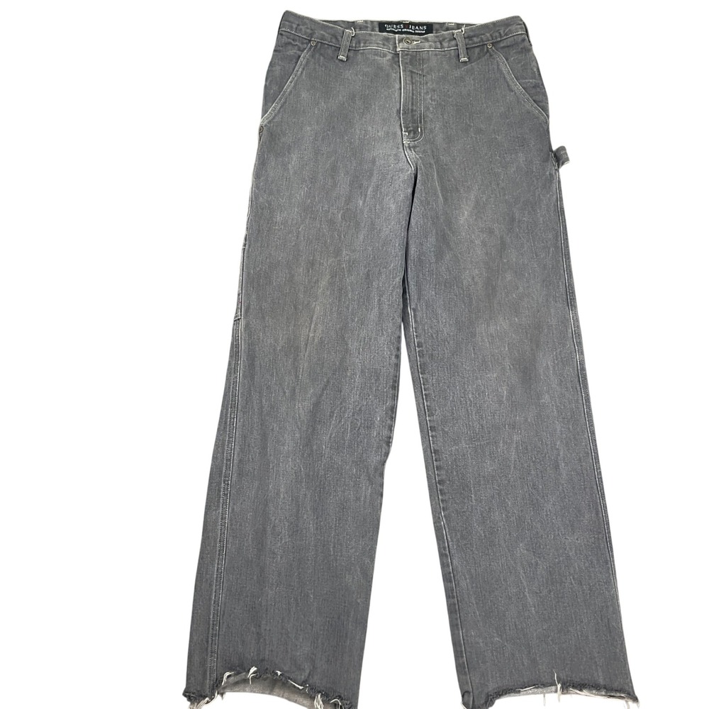 Guess Carpenter Jeans Men 34W 34L Gray Denim Relaxed Distressed Raw Fray Hem
